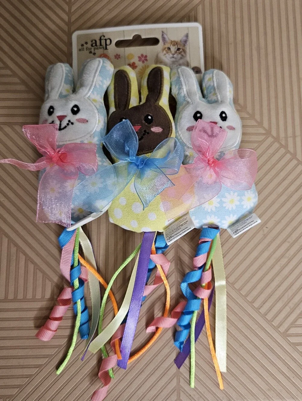 NEW All For Paws Bunny Ribbon Cat Toys - Pastel Blue, Pink, Yellow